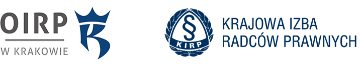 Logotypy Okręgowej Izby Radców Prawnych w Krakowie i Krajowej Izby Radców Prawnych, potwierdzające przynależność kancelarii do samorządu radcowskiego.